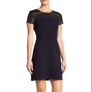 Theory | Size 4 | “Ganiah” Navy Wool and Black Leather Shoulder Dress